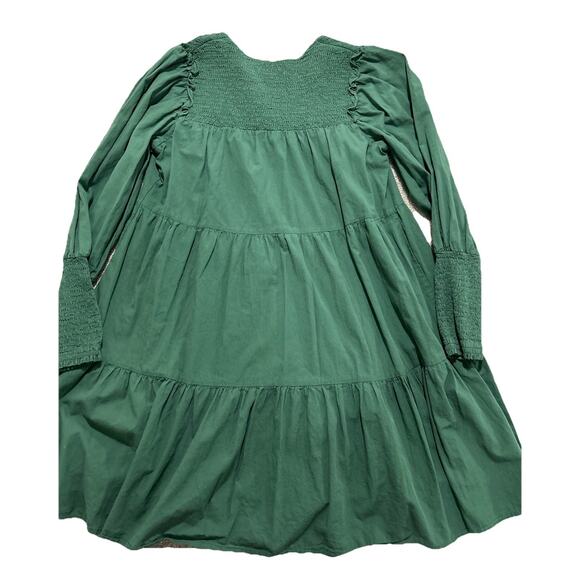 Pomander Place Dress sz M Ceci Smocked Long Sleeve Green Tiered Cotton Mini Boho - Picture 10 of 10